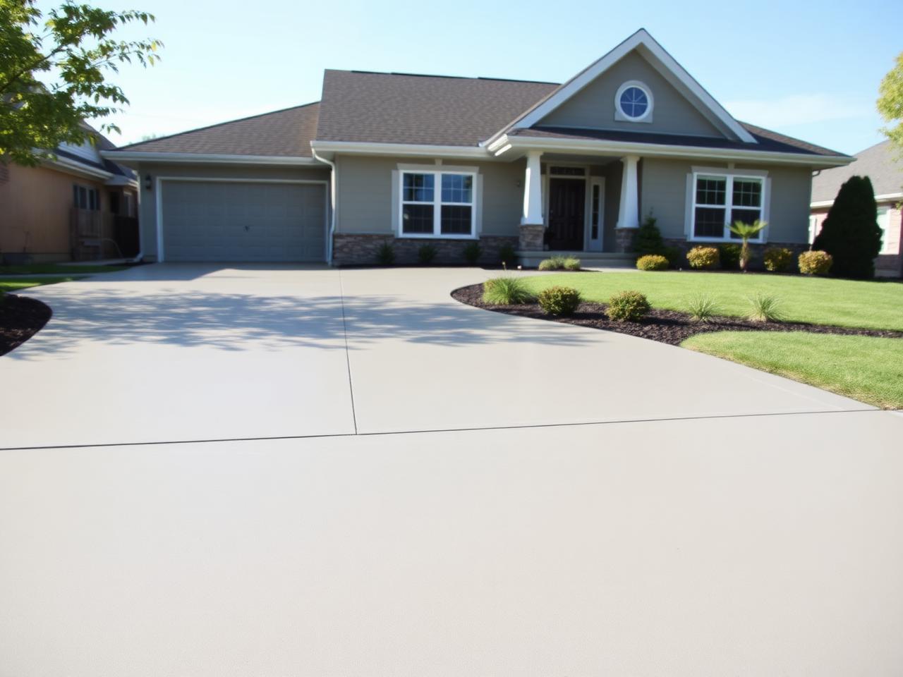 Newly poured smooth concrete driveway after professional installation